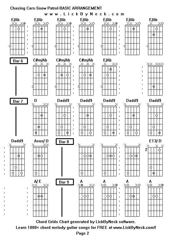 Chord Grids Chart of chord melody fingerstyle guitar song-Chasing Cars-Snow Patrol-BASIC ARRANGEMENT,generated by LickByNeck software.